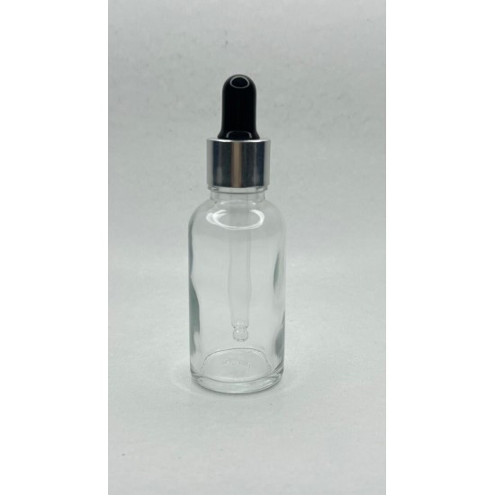 30 ml Şeffaf Cam Damlalıklı Şişe Gümüş Kapak Siyah Emzik