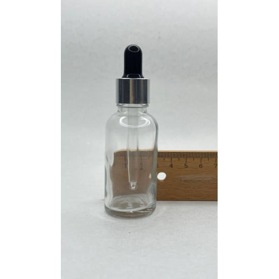 30 ml Şeffaf Cam Damlalıklı Şişe Gümüş Kapak Siyah Emzik