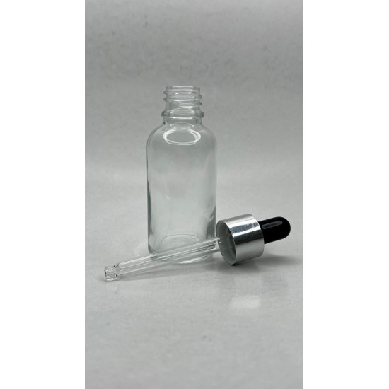 30 ml Şeffaf Cam Damlalıklı Şişe Gümüş Kapak Siyah Emzik