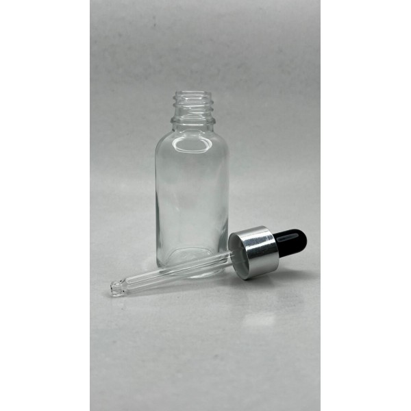 30 ml Şeffaf Cam Damlalıklı Şişe Gümüş Kapak Siyah Emzik
