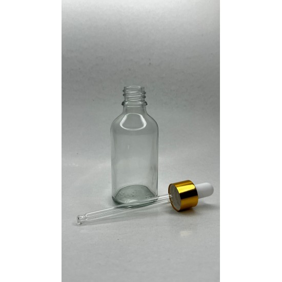 50 ml Şeffaf Cam Damlalıklı Şişe Gold Kapak Beyaz Emzik