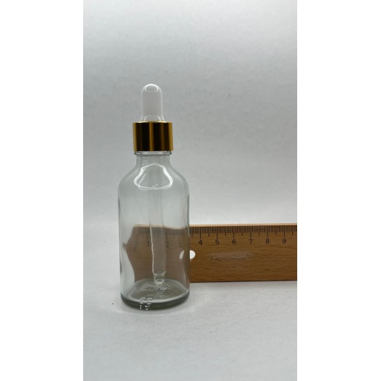 50 ml Şeffaf Cam Damlalıklı Şişe Gold Kapak Beyaz Emzik