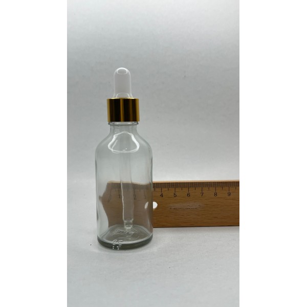 50 ml Şeffaf Cam Damlalıklı Şişe Gold Kapak Beyaz Emzik
