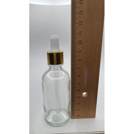 50 ml Şeffaf Cam Damlalıklı Şişe Gold Kapak Beyaz Emzik