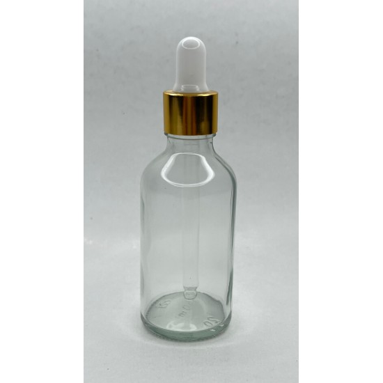 50 ml Şeffaf Cam Damlalıklı Şişe Gold Kapak Beyaz Emzik