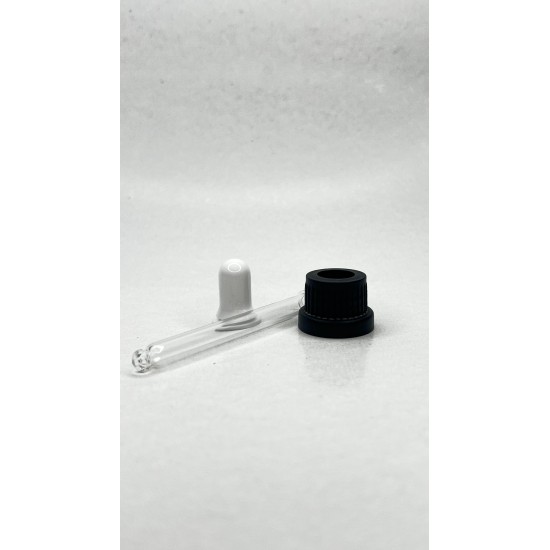 20 ml Cam Damlalık Takımı | Siyah Delikli Kapak, Beyaz Emzik ve Cam Pipet