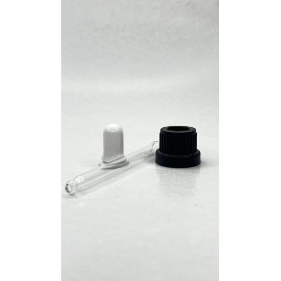 30 ml Cam Damlalık Takımı | Siyah Delikli Kapak, Beyaz Emzik ve Cam Pipet
