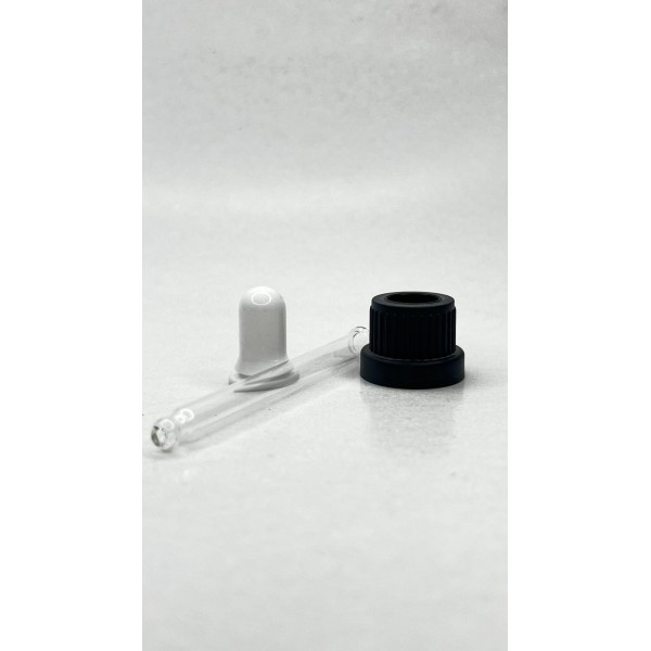 30 ml Cam Damlalık Takımı | Siyah Delikli Kapak, Beyaz Emzik ve Cam Pipet