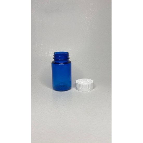 100 ml Mavi (Kobalt) Tablet Şişesi | Beyaz Çocuk Emniyetli Kapaklı Vitamin, Kapsül ve Takviye Edici Gıda Kutusu (650 Adet/Koli)
