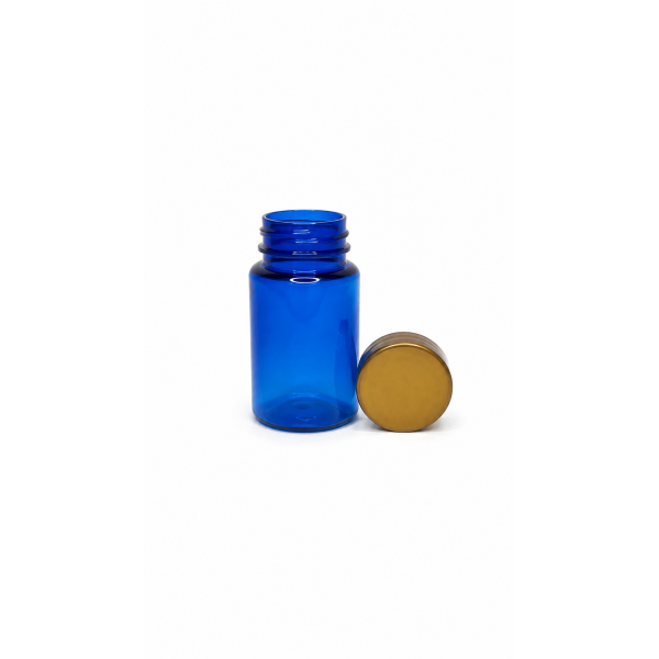 100 ml Mavi (Kobalt) Tablet Şişesi | Gold Kapaklı Vitamin, Kapsül ve Takviye Edici Gıda Kutusu (650 Adet/Koli)