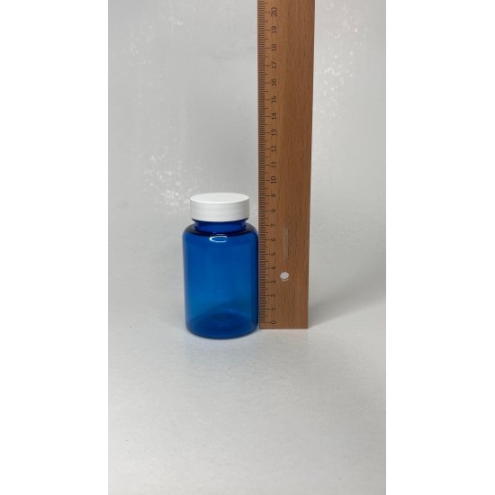 150 ml Mavi (Kobalt) Tablet Şişesi | Beyaz Kapaklı Vitamin, Kapsül ve Takviye Edici Gıda Kutusu
