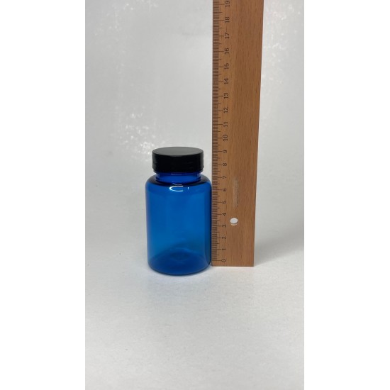 150 ml Mavi (Kobalt) Tablet Şişesi | Siyah Kapaklı Vitamin, Kapsül ve Takviye Edici Gıda Kutusu