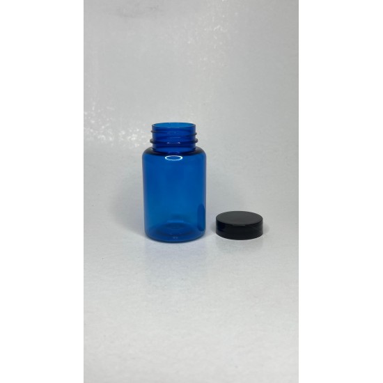 150 ml Mavi (Kobalt) Tablet Şişesi | Siyah Kapaklı Vitamin, Kapsül ve Takviye Edici Gıda Kutusu