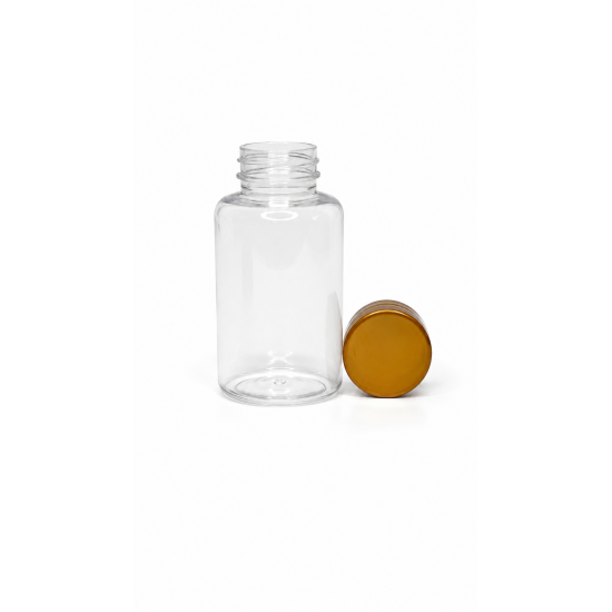 250 ml Şeffaf PET Tablet Şişesi | Gold Kapaklı Vitamin, Kapsül ve Takviye Edici Gıda Kutusu (200 Adet/Koli)