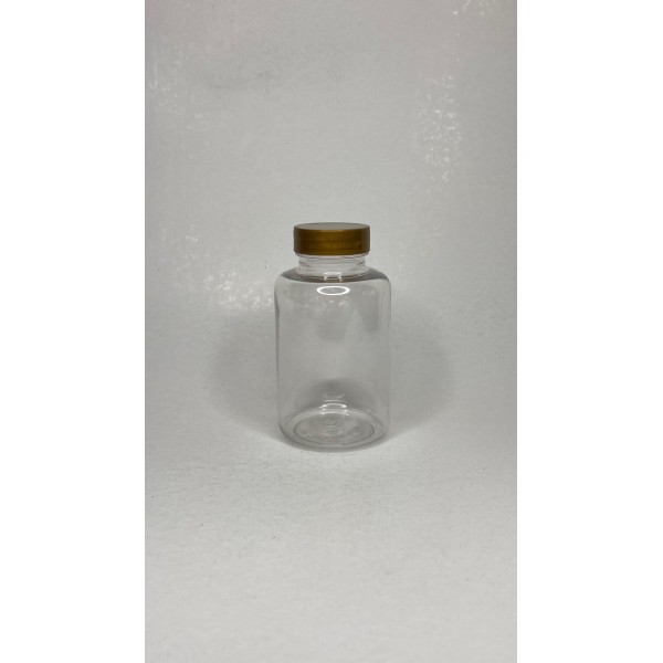 250 ml Şeffaf PET Tablet Şişesi | Gold Kapaklı Vitamin, Kapsül ve Takviye Edici Gıda Kutusu (200 Adet/Koli)
