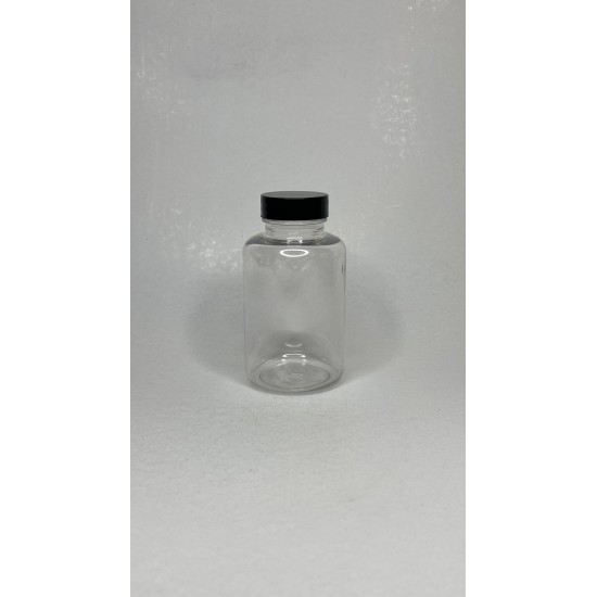 250 ml Şeffaf PET Tablet Şişesi | Siyah Kapaklı Vitamin, Kapsül ve Takviye Edici Gıda Kutusu (200 Adet/Koli)