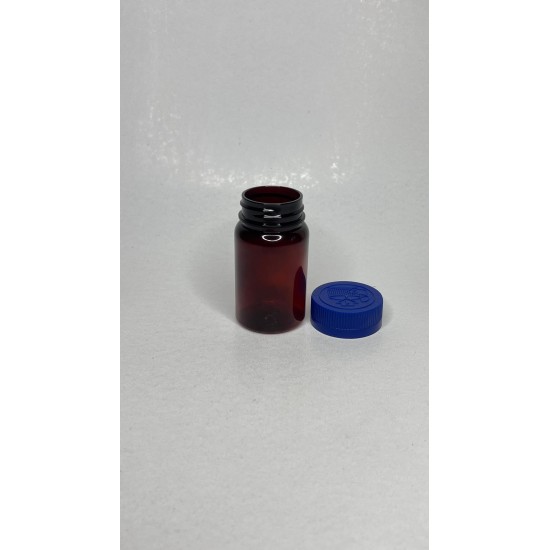 75 ml Kahverengi (Amber) Tablet Şişesi | Mavi Çocuk Emniyetli Kapaklı Vitamin, Kapsül ve Takviye Edici Gıda Kutusu (800 Adet/Koli)
